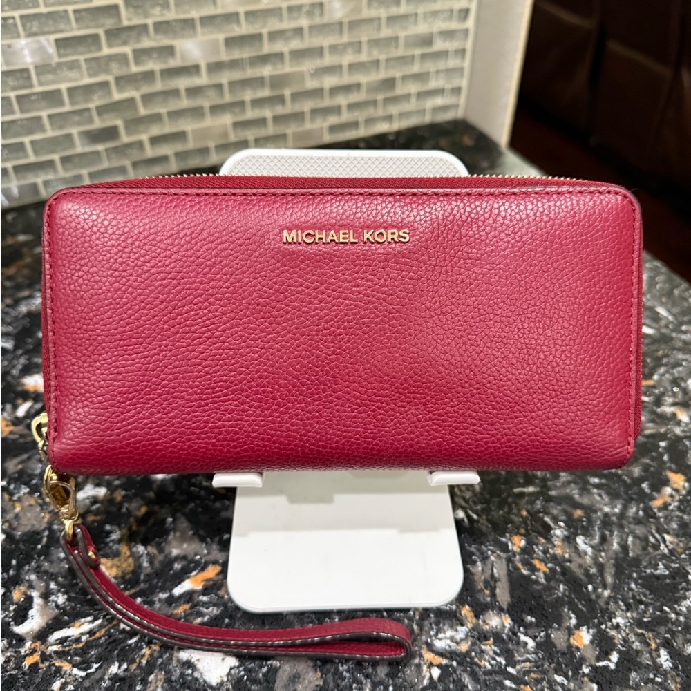 Michael Kors Burgundy Pebbled Leather Wristlet Wallet with Gold Logo